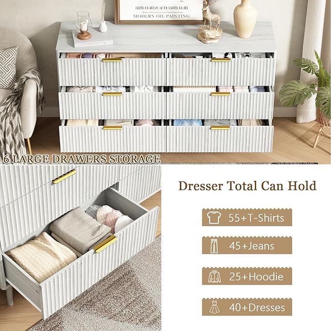 CARPETNAL Fluted 6 Double Drawers White Dresser for Bedroom, 55”Wide Modern Chest of Drawers with Deep Drawers,Wood Drawer Organizer for Bedroom Living Room, Hallway, White
