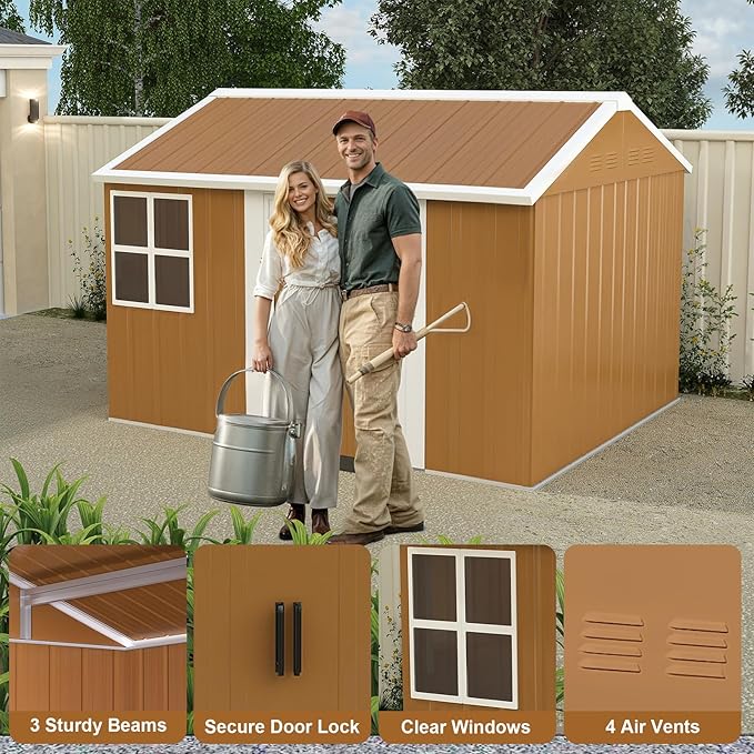 8x12 FT Outdoor Storage Shed, Metal Tool Storage with Updated Frame Structure, Vertical Outside Storage Building, Ventilation, Sloped Roof, Metal Garden Shed for Backyard, Lawn, Patio (8x12 FT)