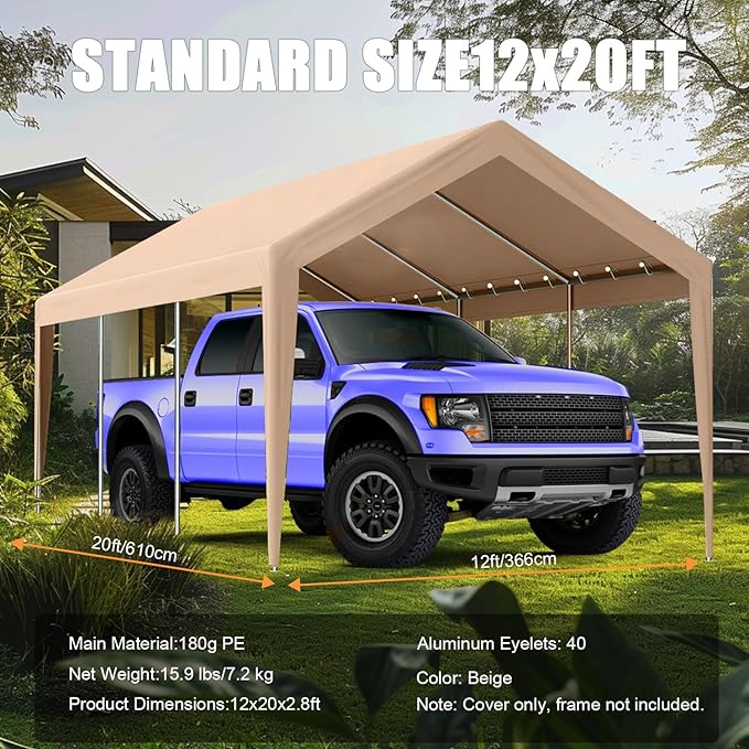 12'x20' Canopy Replacement Cover,Beefull Carport Replacement Canopy for Car Garage, Waterproof & UV Protected Tarp with Ball Bungees, Beige(Frame is not Included)