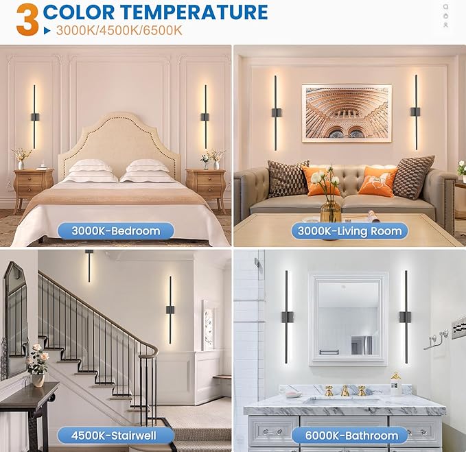 NIORSUN 35 Inch Battery Operated Wall Sconce Set of 2, 360° Rotation Black Rechargeable Wall Lights with Detachable Tube and Remote, 3CCT Dimmable Wireless Wall Lamp for Living Room Bedroom Hallway