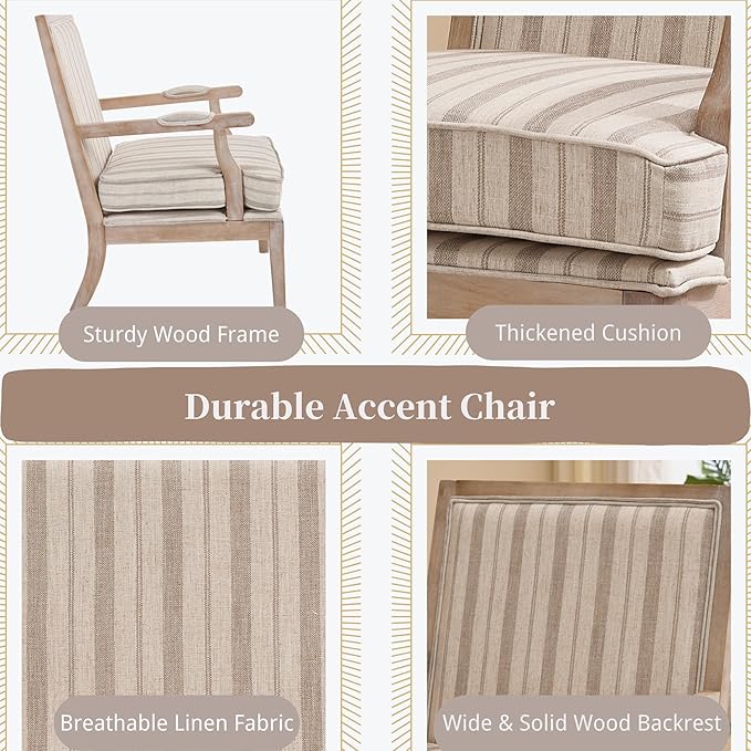 chairus Farmhouse Linen Accent Chair for Living Room, Upholstered Reading Chair with Solid Wood Frame Lounge Arm Chair with High Back for Bedroom, Reception Room, Waiting Room, Khaki Stripe