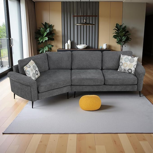111" Sectional Couch, Upholstered Curved Sofa Couch with Two Printed Pillows, Sectional Couches for Living Room and Office, Charcoal Grey