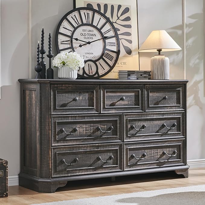 T4TREAM Farmhouse 7 Drawers Dresser for Bedroom, 54" Wide Wood Rustic Chest of Drawers with Natural Texture, Vintage Design, Storage Dressers Organizer for Bedroom, Living Room, Dark Rustic Oak