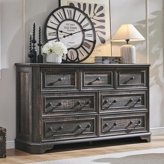 T4TREAM Farmhouse 7 Drawers Dresser for Bedroom, 54" Wide Wood Rustic Chest of Drawers with Natural Texture, Vintage Design, Storage Dressers Organizer for Bedroom, Living Room, Dark Rustic Oak