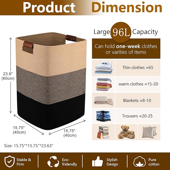 Laundry Hamper 96L Extra Large Laundry Basket, Woven Blanket Basket, Cotton Woven Storage Hamper with Handles for Living Room, Large Baskets for Pillows, Blankets, Clothes-Black & Yellow