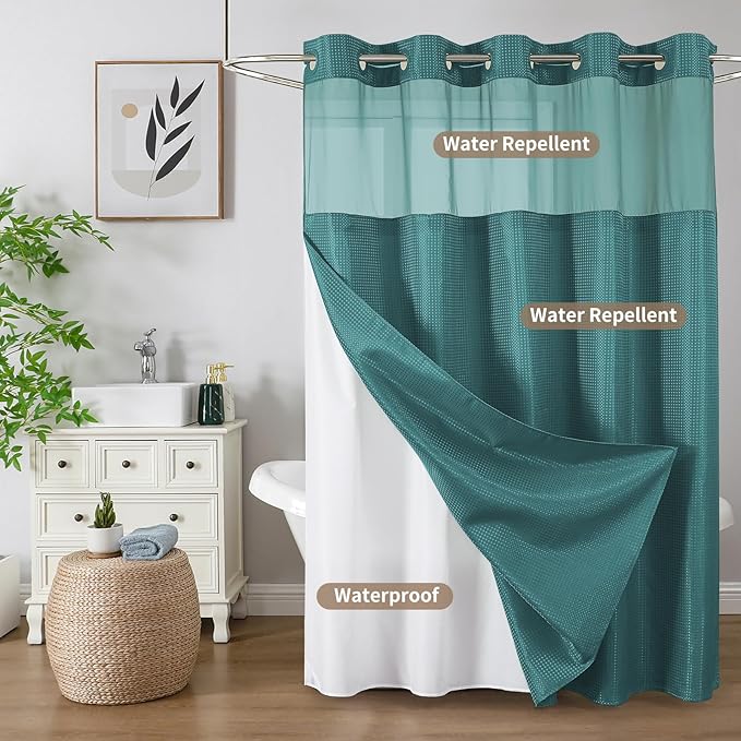 No Hook Shower Curtain with Snap in Fabric Liner, Waffle Weave Heavy Duty Thick Shower Curtains with Mesh Top Window, Hotel Style Waterproof Bathroom Curtain Set, 72 x 75 Inch, Seaweed Green