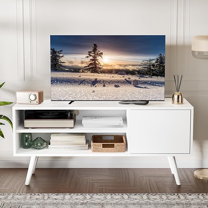Cozy Castle TV Stand for 48 Inch TV, Mid Century Modern Entertainment Center with Storage Cabinet, TV Media Console with Charging Station for Living Room, Bedroom, White