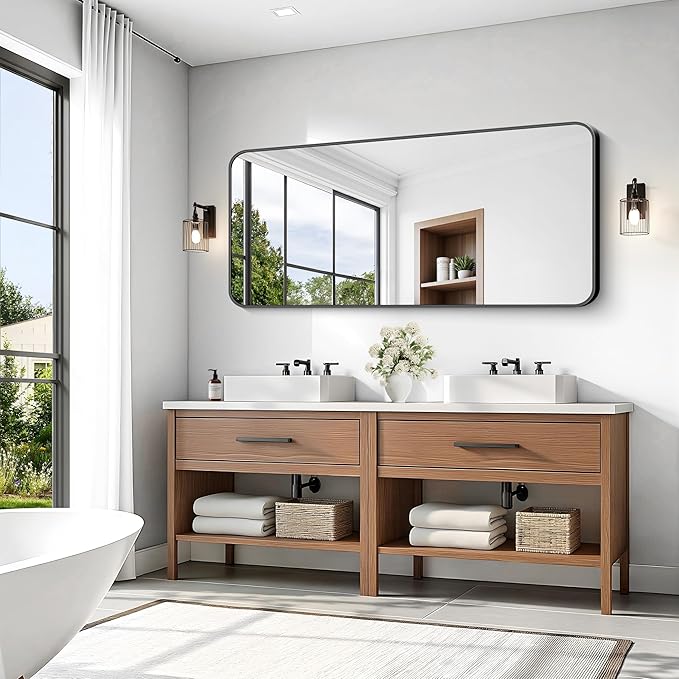KOCUUY Black Bathroom Mirror 60"x28", Large Vanity Mirror with Rounded Corner, Metal Black Frame with Mordern Design for Bathroom, Living Room, Entryway, Hang Horizontal/Vertical