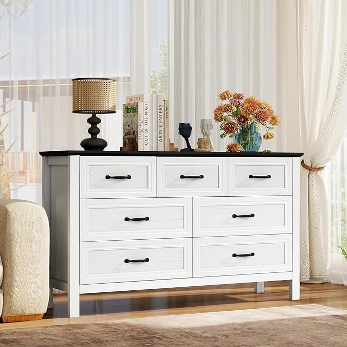 Farmhouse 7-Drawer Dresser for Bedroom, 52" Wide Wood Chest of Drawers with Large Metal Handles, White Dressers Storage Organizer for Bedroom, Living Room & Hallway