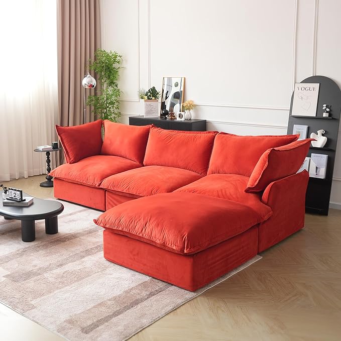 JACH L-Shaped Modular Couches, Deep Seat Sectional Couch with Chaise Ottoman, Modern Comfy Cloud Sectional Sofas, Cushion Covers Removable, Two Corners and A Middle Sofa for Living Room (Red)