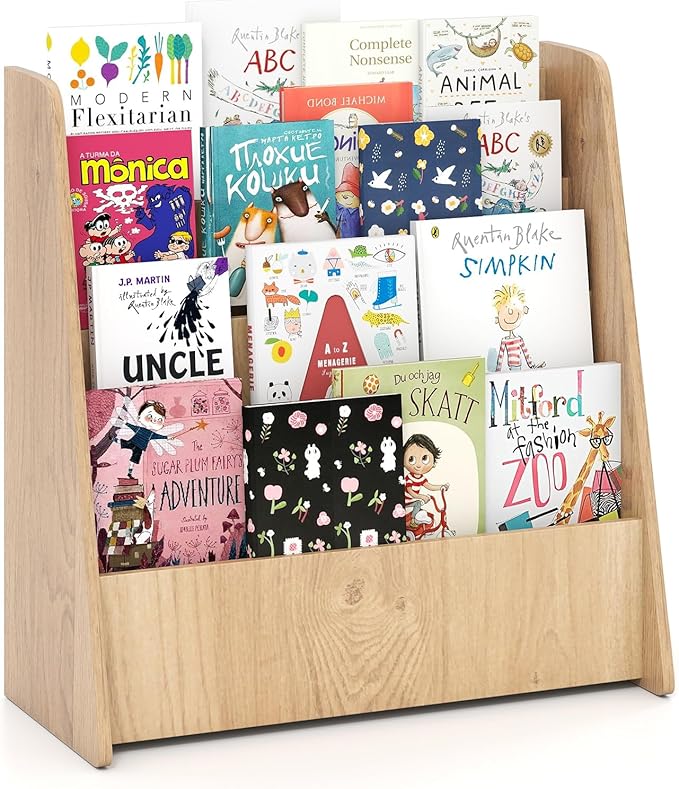 GLACER 4-Tier Kids Bookshelf, Wood Toddler Bookcase with Deep Magazine Display Shelf & Back Storage Space, Children Storage Organizer for Nursery, Playroom, Kids Bedroom, Classroom (Natural)