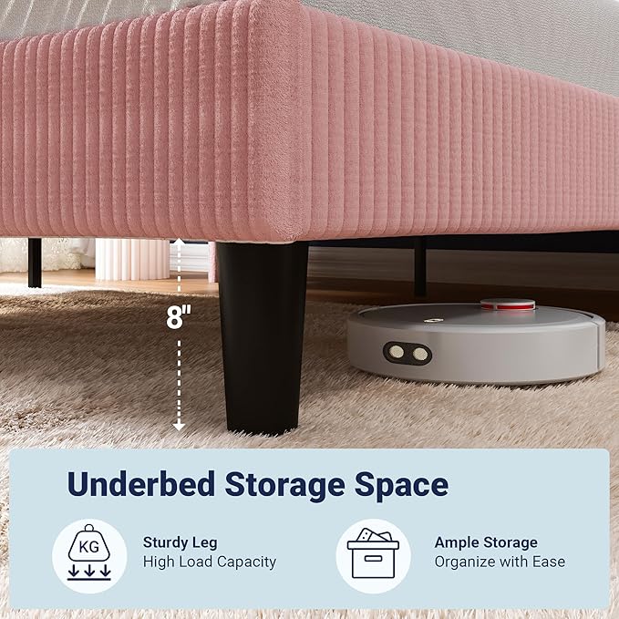 Allewie Queen Size Bed Frame with Upholstered Wingback Headboard, Vertical Channel Tufted Corduroy Velvet Platform Bed, Strong Wooden Slats Support, No Box Spring Needed, Easy Assembly, Light Pink