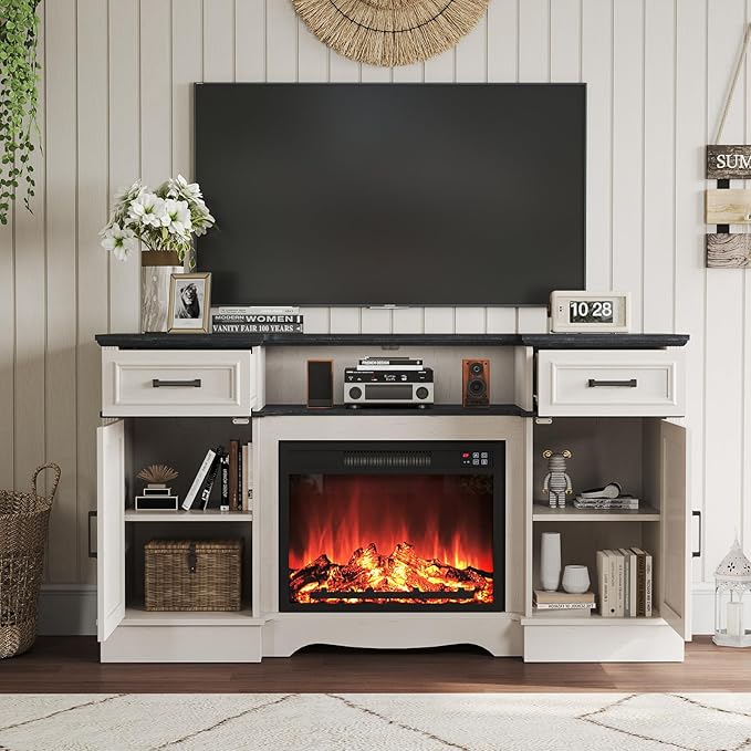 Maupvit TV Stands Farmhouse Entertainment Center for Televisions up to 65 Inch, Console Table Media Furniture with 2 Storage Cabinets and 2 Barn Door, Rustic TV Cabinet for Living Room, White