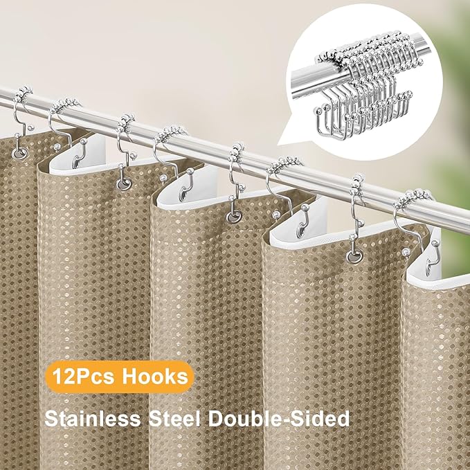 3 in 1 Shower Curtain Set, Beige Waffle Shower Curtain and PEVA Liner Set with 12 Stainless Steel Shower Curtain Hooks, Tan Waterproof Fabric Shower Curtains for Bathroom, 72 W x 72 H