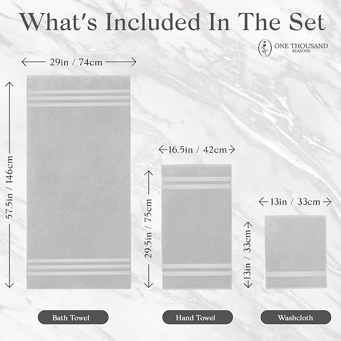 Zero Twist Bathroom Towel Set - Luxury Bath Towel Sets for Bathroom, Hands, and Washcloths - Quick Dry and Absorbent - 6 Pieces, 3 Stripe, Stone