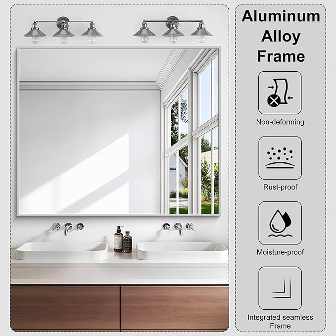 KOCUUY Silver Bathroom Mirror, 40"x48" Large Rectangular Mirror with Metal Frame, Brushed Nickel Vanity Mirror with Modern Design for Bathroom, Living Room, Entryway, Hang Horizontal/Vertical