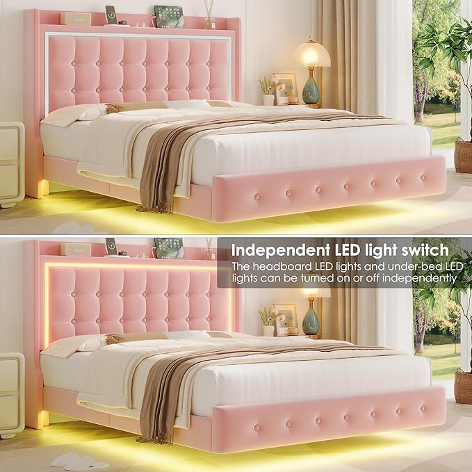Keyluv Upholstered Full Floating Bed Frame with RGB LED Lights and Charging Station, Velvet Platform Bed with Button Tufted Storage Headboard, Type-C & USB Charging Ports, No Box Spring Needed, Pink
