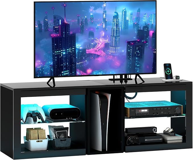 HOMCOM Modern TV Stand with LED Lights and Power Outlets for 55 Inch TV, 51" High Gloss Entertainment Center with Adjustable Glass Shelves, TV Console for Bedroom, Living Room, Black