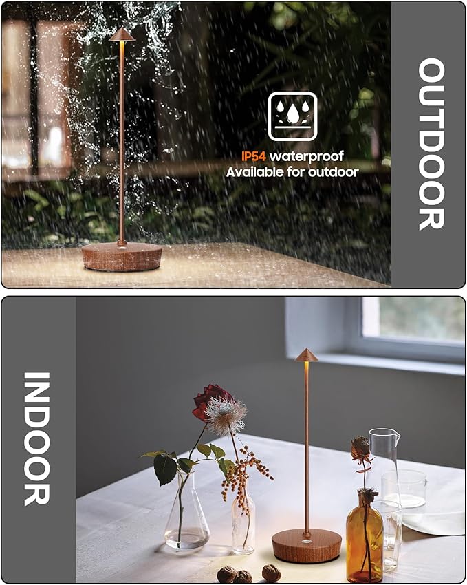 Cordless Table Lamps Rechargeable, 6000mAh Battery Operated LED Desk Lamp Outdoor Waterproof Portable Touch Dimmable Table Light for Patio Restaurant Dining Home Wood Grain
