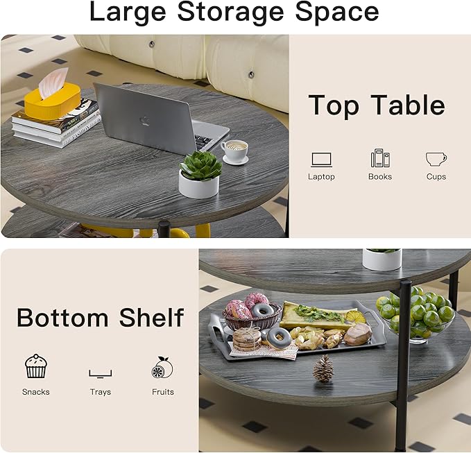 Coffee Table, 2 Tier Coffee Tables for Living Room, Round Coffee Table with Storage, Floor Table for Bedroom, Home Office, Rustic Brown (27.6" D x 18.1" H)