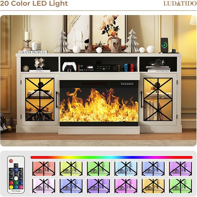 Ludatido 65 Inch FireplaceTV Stand with 3-Sided Glass Insert, Storage Cabinets & Drawers, Fits TVs up to 75", Remote & Touch Control, White Entertainment Center with USB&AC Power Interface, White