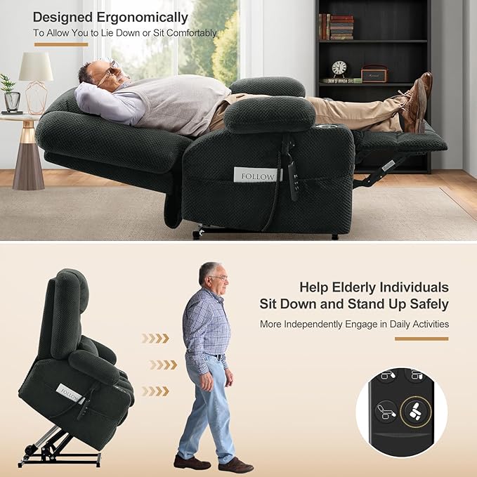 Large Dual Motor Power Lift Recliner Chair with Massage and Heat for Big Elderly People,USB & Type C Ports,Oversized Electric Lay Flat Recliners,Infinite Position,Side Pockets,Cup Holders(Grey)