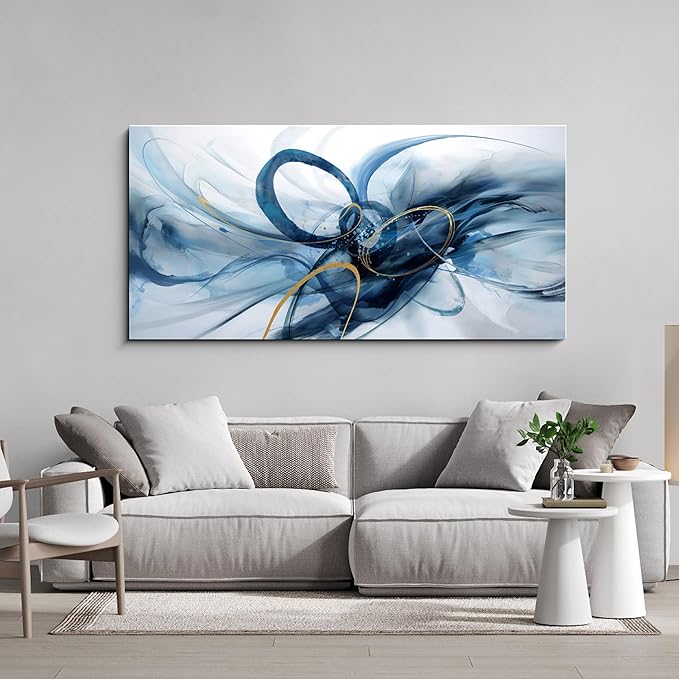 XLSJERST Abstract Wall Decor Living Room - Modern Canvas Wall Art Blue and White Picture Artwork for Office Bedroom Home Decoration
