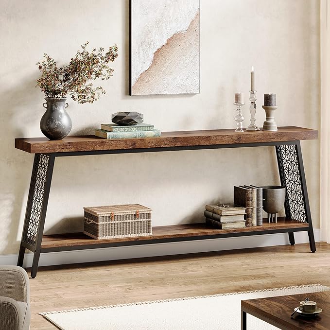 Tribesigns 70.9" Extra Long Console Table, 2-Tier Sofa Table with Storage, Industrial Entryway Table Behind Couch, Narrow Entrance Table for Hallway, Living Room, Rustic Brown