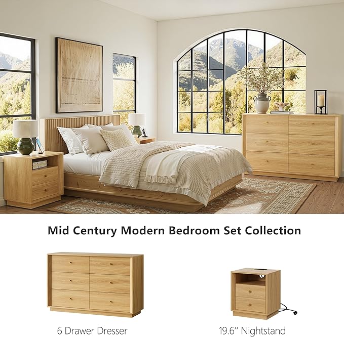 Mid Century Modern Dresser, 6 Drawer Dresser with Storage, 47" Wide Chest of Drawers with Wood Grain Texture, Drawers Organizer for Bedroom, Living Room, Hallway, Gold Oak