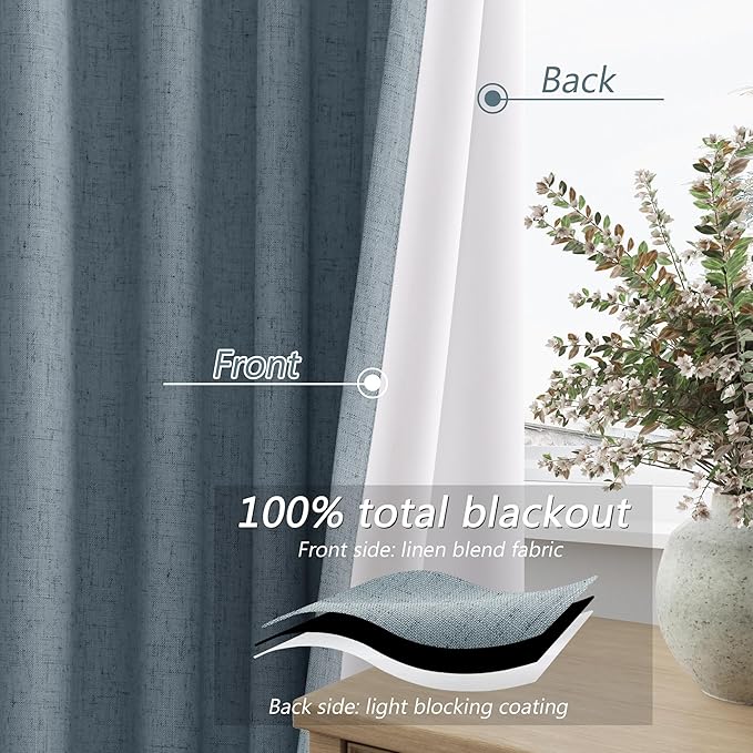 Guken Dark Blue Blackout Curtains 96 Inch Length 2 Panels Set for Living Room Bedroom Back Tab Thermal Insulated 100% Black Out Linen Drapes Room Darkening Window Curtains 96 Inches Long Dark Blue