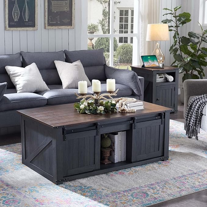 48" Lift Top Coffee Table, Farmhouse Cocktai with Sliding Groove Barn Door, Rustic Wood Center Table w/Double Storage Spaces for Living Room, Dark Grey