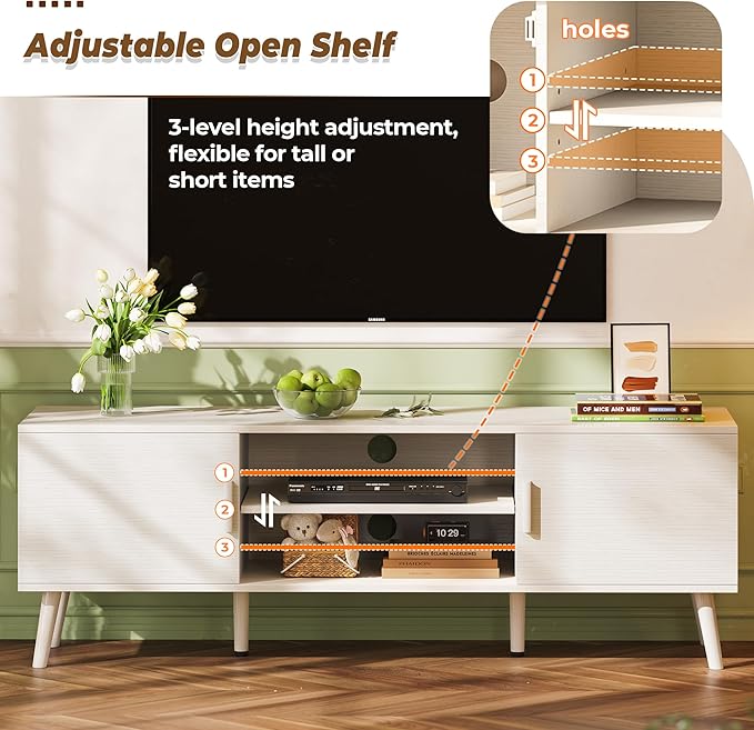 SUPERJARE TV Stand for 55 Inch TV, Entertainment Center with Adjustable Shelf, 2 Cabinets, TV Console Table, Media Console, Solid Wood Feet, Cord Holes, for Living Room, Bedroom, White