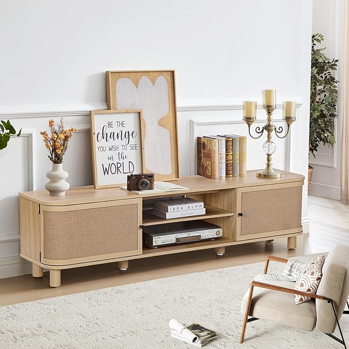 AVZEAR Curved Profile Farmhouse TV Stand for TVs Up to 70 Inches, Mid Century Modern Entertainment Center with Storage & Natural Linen Doors, Large Media Console for Living Room, Bedroom, Natural