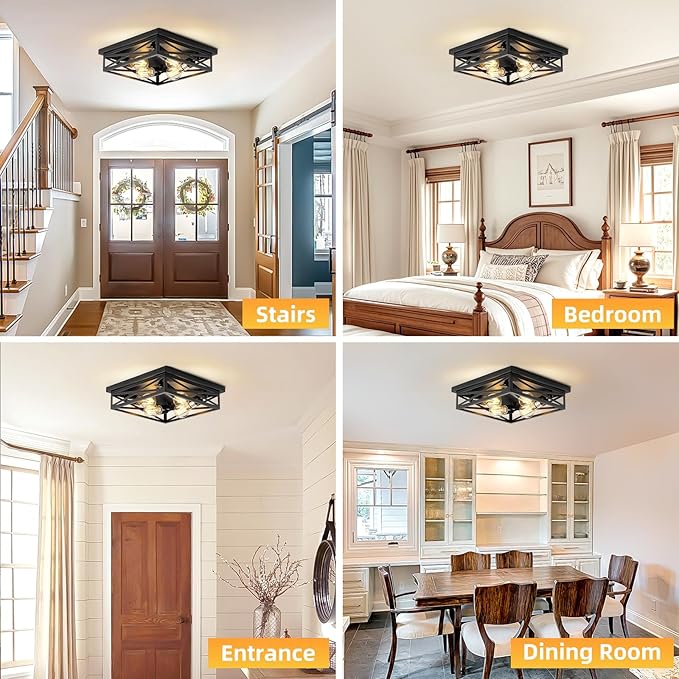 2 Pack Flush Mount Ceiling Light Fixture, Black Hallway Light, Metal Cage Closed to Ceiling Mounted Lights, 4-light Farmhouse Flush Mount Light Fixture for Bedroom Hallway Entryway E26 Base 13in