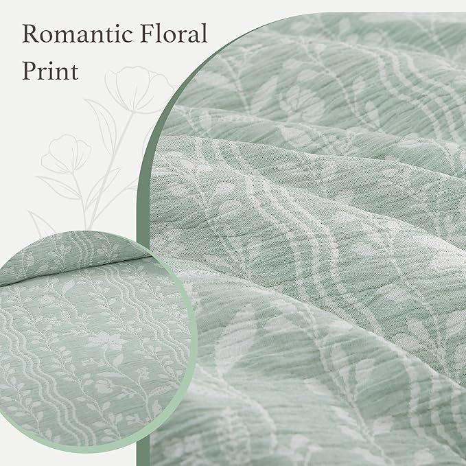 Queen Comforter Set -7 Pieces Green Floral Comforter Set for All Seasons, Bed in a Bag Queen with Botanical Flowers Comforter, Sheets, Pillowcases & Shams