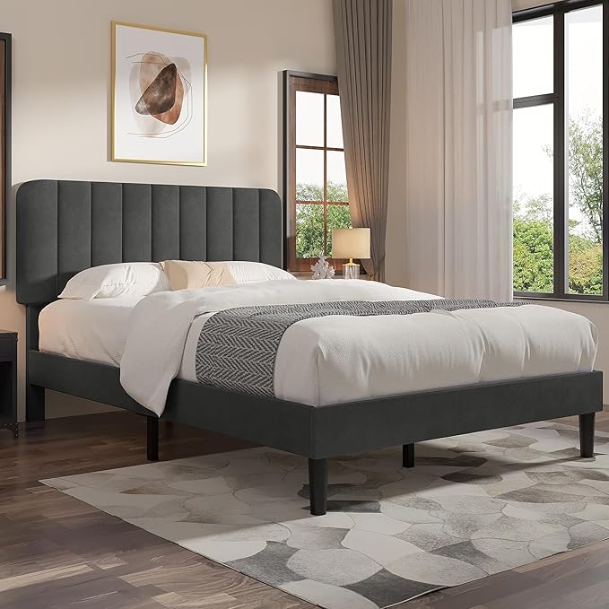 VECELO Full Size Bed Frame with Upholstered Headboard, Velvet Platform Bedframe Mattress Foundation, Strong Wood Slat Support, No Box Spring Needed,Grey