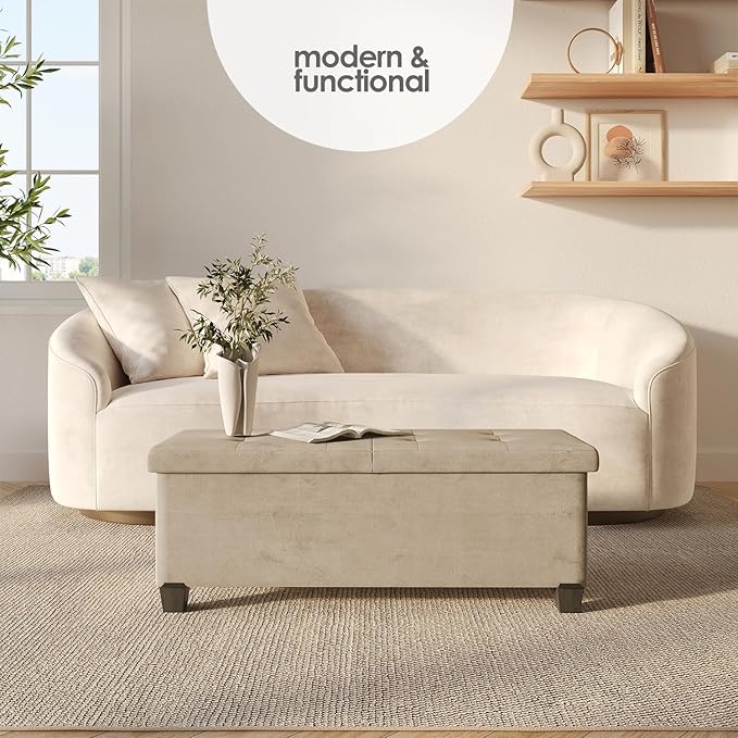 STORAGEBUD Storage Ottoman Bench with Bins, 43-in Storage Bench for Bedroom End of Bed, Folding Foot Rest Ottoman for Living Room Max 660lbs, Velvet Ottomans, Beige