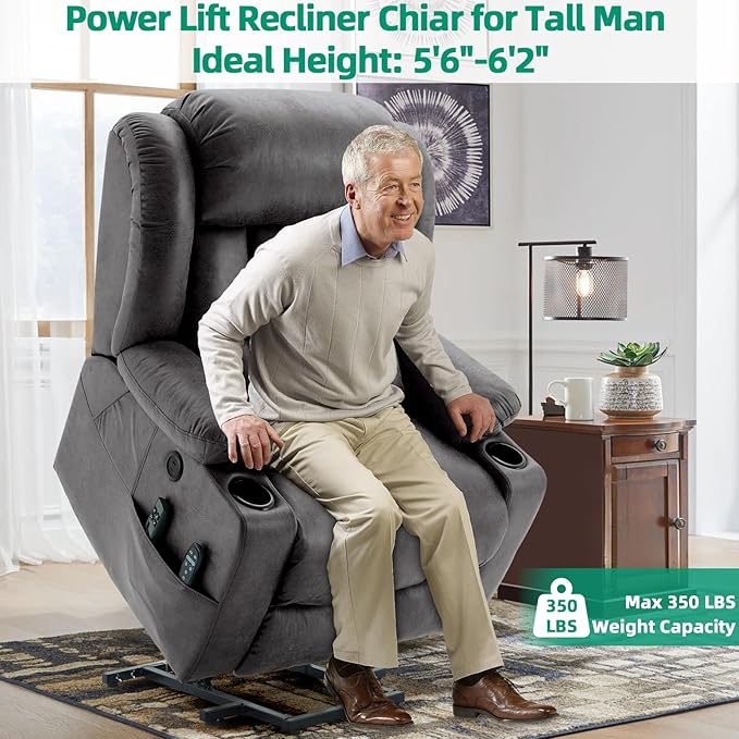 VIVIJASON Tall Man Large Dual Motor Power Lift Recliner Chair with Extended Footrest, Oversized Lay Flat Sleeper Electric Recliner W/Heat & Massage, Lumbar Pillow, USB & Type-C Ports, Gray
