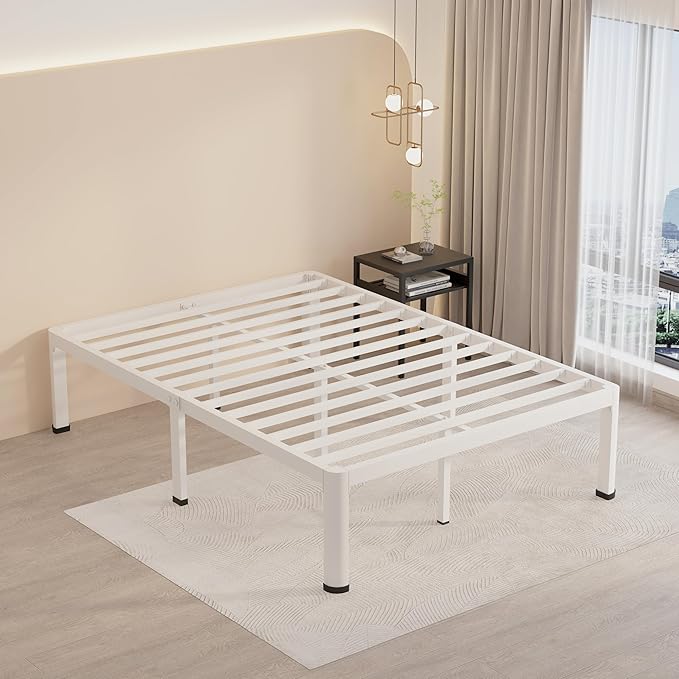 MAF 14 Inch Full Size Metal Platform Bed Frame White with Round Corner Legs, 3000 LBS Heavy Duty Steel Slats Support, Noise Free, No Box Spring Needed, Easy Assembly