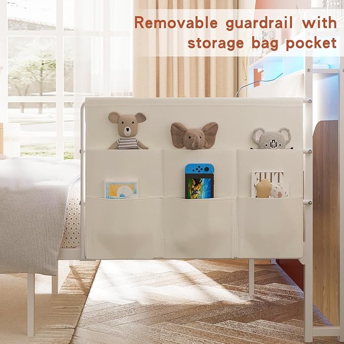 Maupvit Full Bed Frame with Storage Headboard and Drawer,Upholstered Platform Bed Frame with LED Lights & Charging Station,Full Size Bed with Guardrail,No Box Spring Needed,Beige