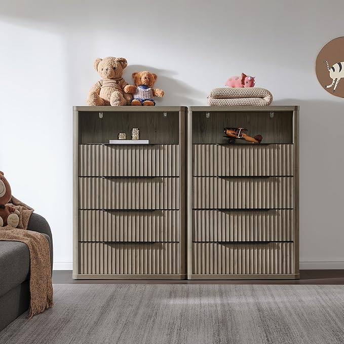 SICOTAS Dresser for Bedroom - Tall Dressers & Chests of Drawers with 4 Drawers Large Modern Dresser for Closet Fluted Wide TV Stand Clothes Closet Storage for Bedroom Hallway Entryway, Grey Alder
