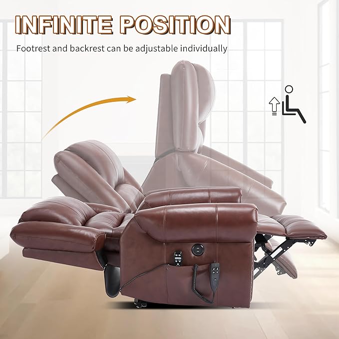 Power Lift Recliner Chair for Elderly, Dual Motor Massage Recliner with Lumbar Heat, Heavy Duty Motion Mechanism Lift Chair with Charge Ports, Genuine Leather - Red