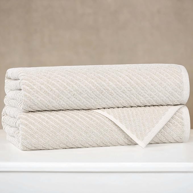 Superior Amelia Viscose Cotton Blend Medium Weight Towels, for Bathroom, Shower, Spa, Plush, Quick Dry, Ultra-Soft Towels, Bath Essentials, Ribbed Design, Bath Towels, Set of 2, Beige