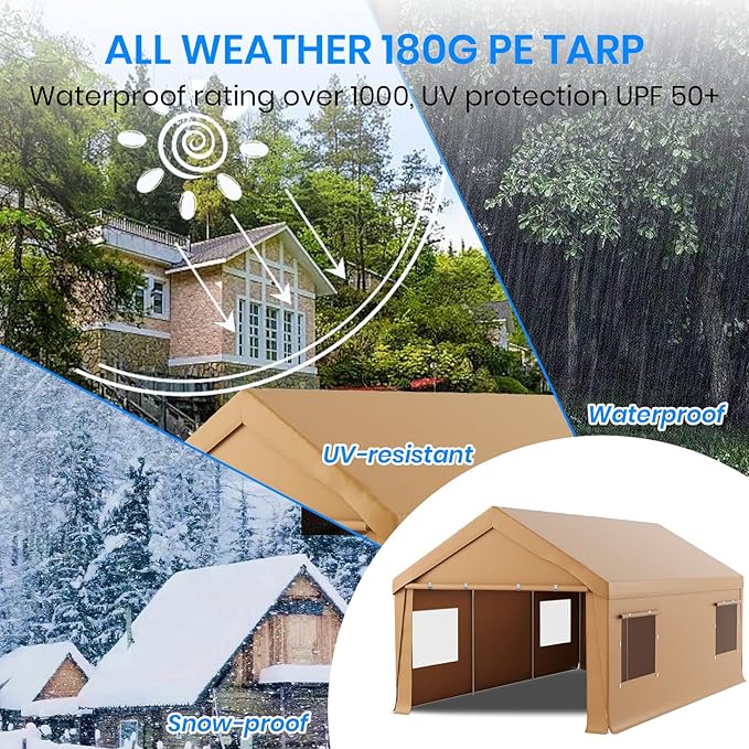 Carport 10x20 Heavy Duty Portable Garage,Carport Canopy with Roll-Up Windows & Doors,Portable Garage and Shelter with Removable Sidewalls,Car Tent Garage with All-Season Tarp for Bike Lawnmower Truck