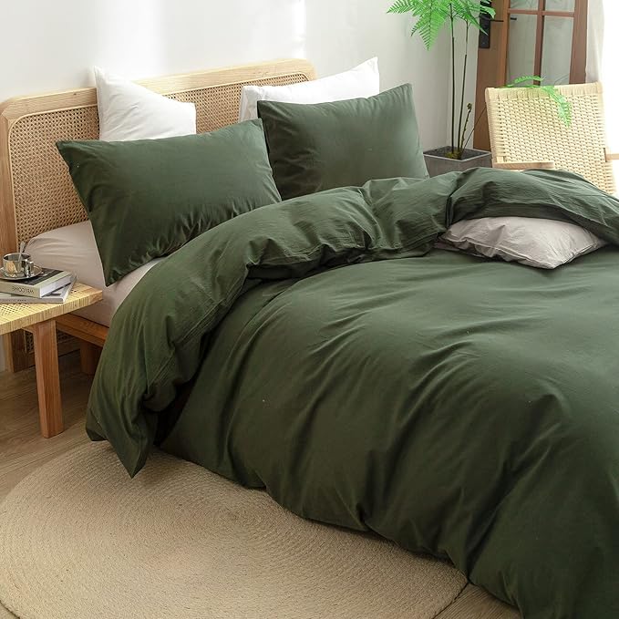 BESTOUCH Duvet Cover Set 100% Washed Cotton Linen Feel Super Soft Comfortable Chic Lightweight 3 PCs Home Bedding Set Solid Olive Green Full/Double