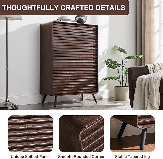 RedLemon 5 Drawers Dresser for Bedroom, 48'' Tall Mid Century Modern Wood Fluted Dresser, Chest of Drawers with Tapered Leg for Bedroom, Living Room, Hallway, Closet, Dark Walnut