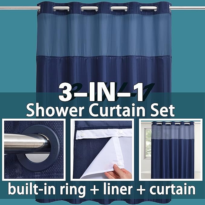 Conbo Mio No Hook Waffle Weave Shower Curtain with Snap in Liner Set, Hotel Luxury Dark Blue Shower Curtains for Bathroom with See Through Top Window, Waterproof, Washable 71W x 74H Stripe