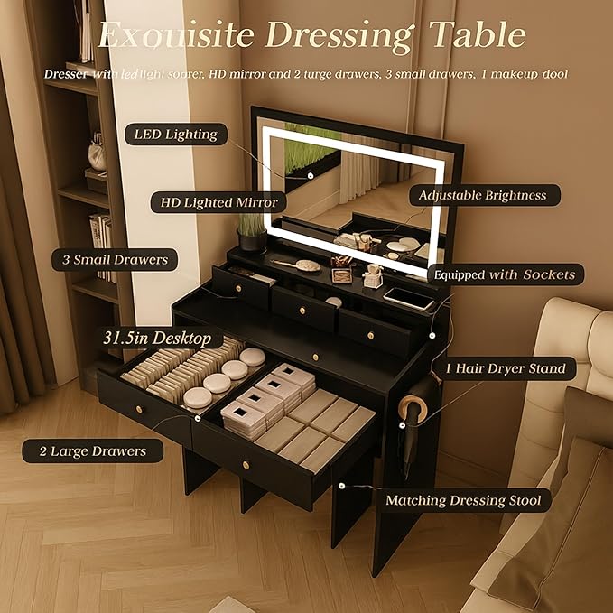 Small Makeup Vanity Desk with Full Size Mirror and Lights, 31" Compact Black Dressing Table with Chair, 5 Storage Drawers, Power Outlet & Hair Dryer Holder for Small Space, Dorm, Bedroom