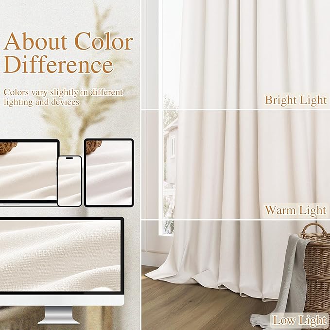 Guken Ivory Linen Blackout Curtains 96 Inch Length 2 Panels Set for Living Room Bedroom Back Tab Thermal Insulated 100% Black Out Linen Drapes Room Darkening Window Curtains 40 Wide