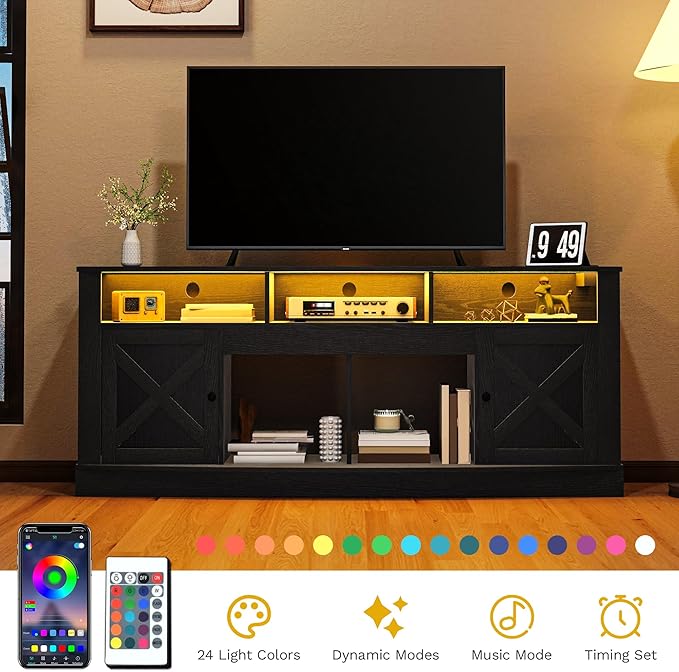 DWVO TV Stand for 75/80 Inch TV, Entertainment Center, LED Light Media Console, TV Cabinet with Barn Doors and Power Outlet for Living Room, Black